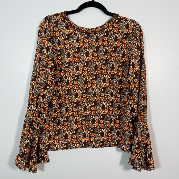 NWT ASOS Y.A.S. Olima floral print flared sleeve top in brown peplum sleeve M - Picture 4 of 11